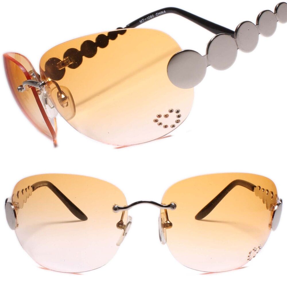 Classic Vintage Retro Style 80s Party Silver & Orange Oval Rimless Sunglasses